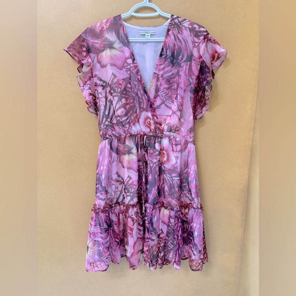 Guess Pink Floral Ruffle Mini Dress Size M
